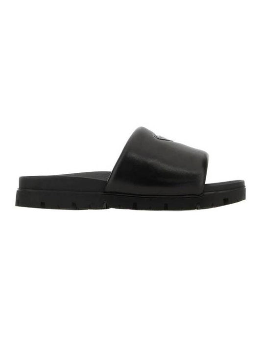 Logo Padded Leather Slippers Black - PRADA - BALAAN.