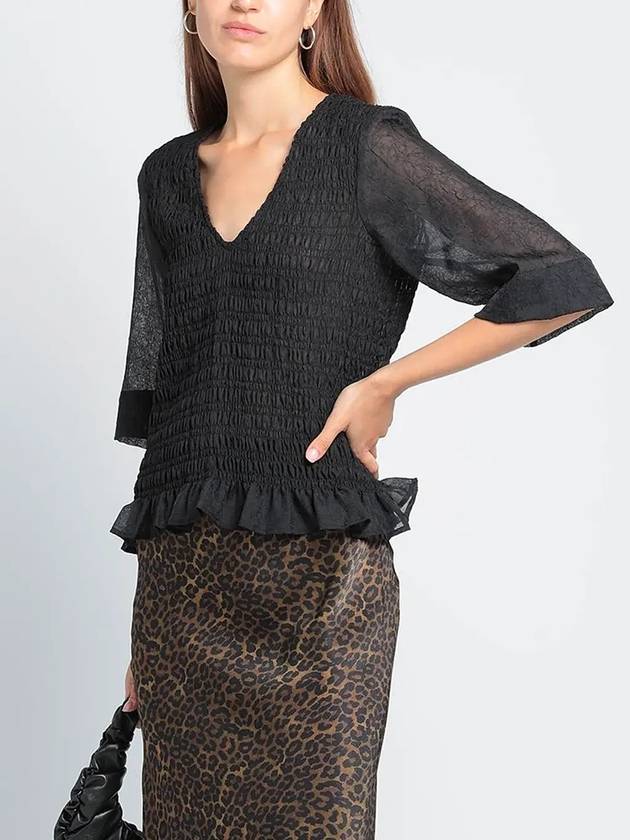 Mock V-Neck Crinkled Blouse Black - GANNI - BALAAN 3