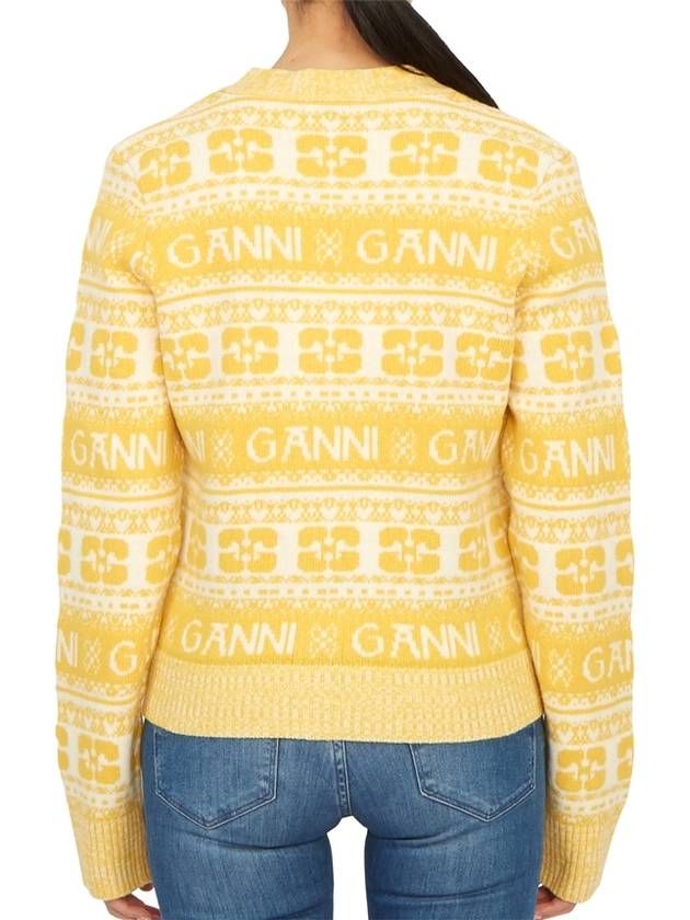 Intarsia Logo Wool V-Neck Cardigan Yellow - GANNI - BALAAN 7