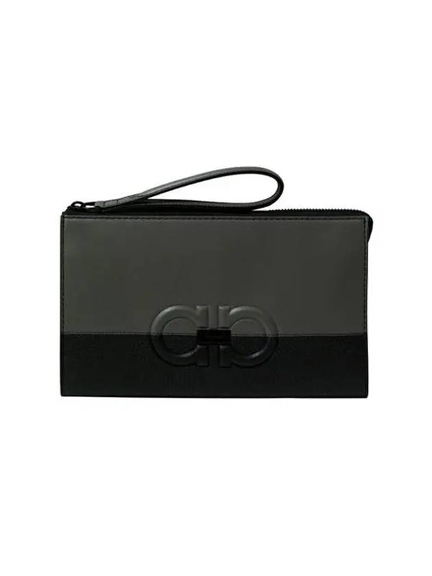 Men's Gancini Leather Clutch Bag Grey Black - SALVATORE FERRAGAMO - BALAAN 1