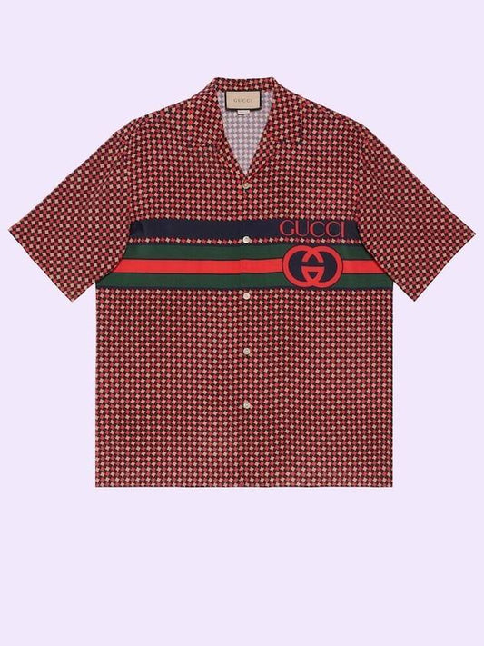 Geometric Houndstooth Bowling Silk Short Sleeve Shirt Red Beige Black - GUCCI - BALAAN.