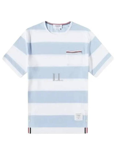 Men's Rugby Striped Pick Pocket Short Sleeve T-Shirt Light Blue White - THOM BROWNE - BALAAN 2