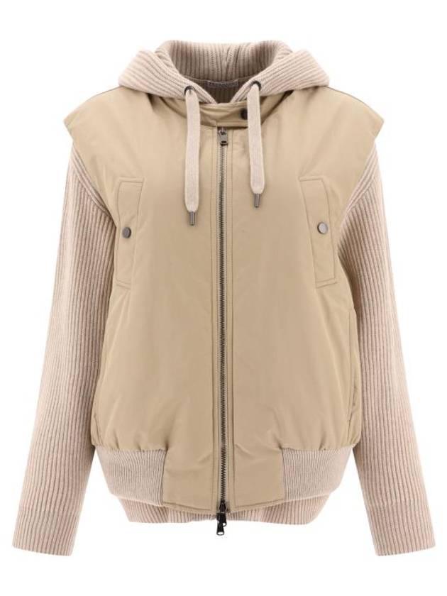 Contrasted Bomber Knit Jacket Beige - BRUNELLO CUCINELLI - BALAAN 2