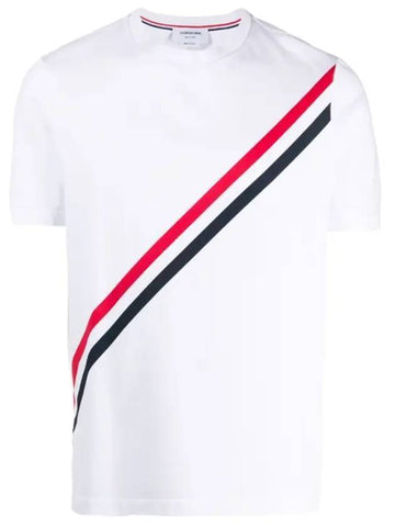 Three Stripes Diagonal Short Sleeve T-Shirt White - THOM BROWNE - BALAAN 1