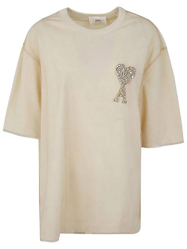 De Coeur Crystal Embroidered Short Sleeve T-Shirt Champagne - AMI - BALAAN 3