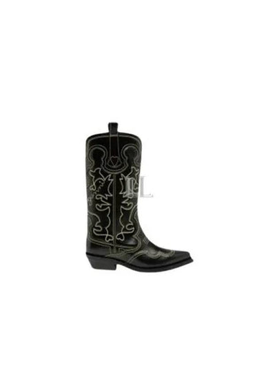 Embroidered Western Leather Middle Boots Black - GANNI - BALAAN 2