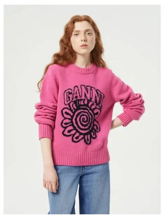 Graphic round neck pullover flower pink domestic product - GANNI - BALAAN 1