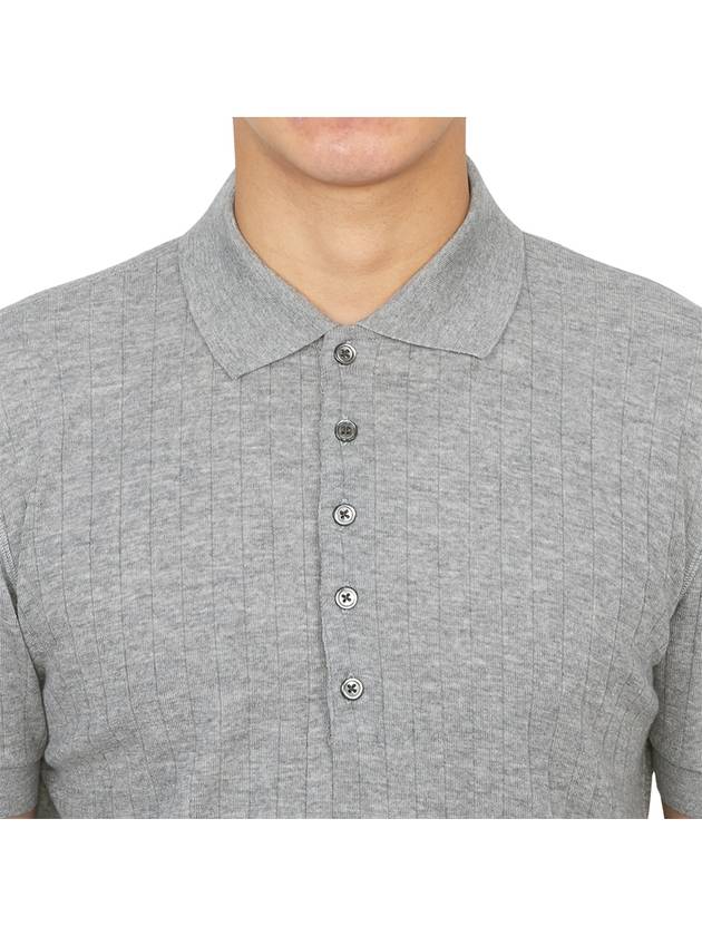 RWB Button Ribbed Polo Wool Knit Top Grey - THOM BROWNE - BALAAN 6