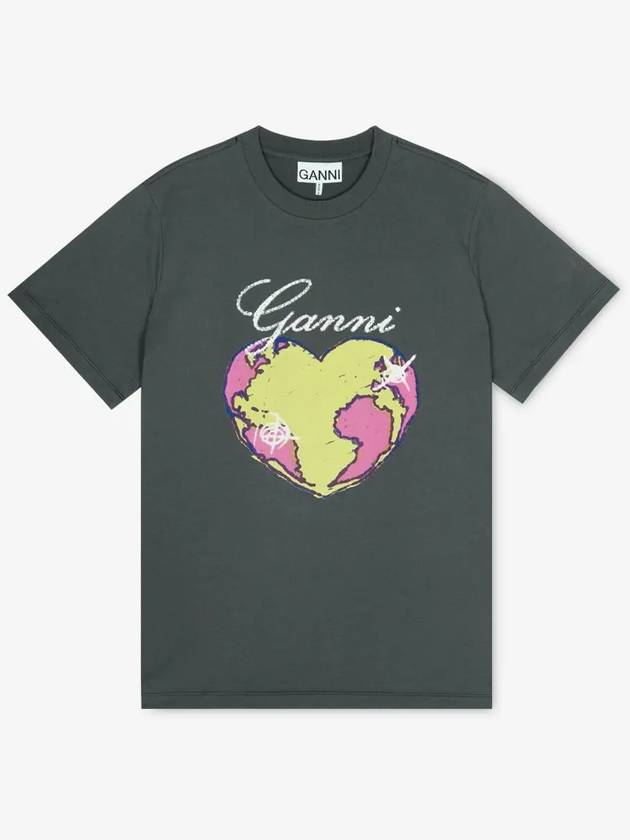 Women's Relax Heart Short Sleeve T-Shirt Volcanic Ash Grey - GANNI - BALAAN 3