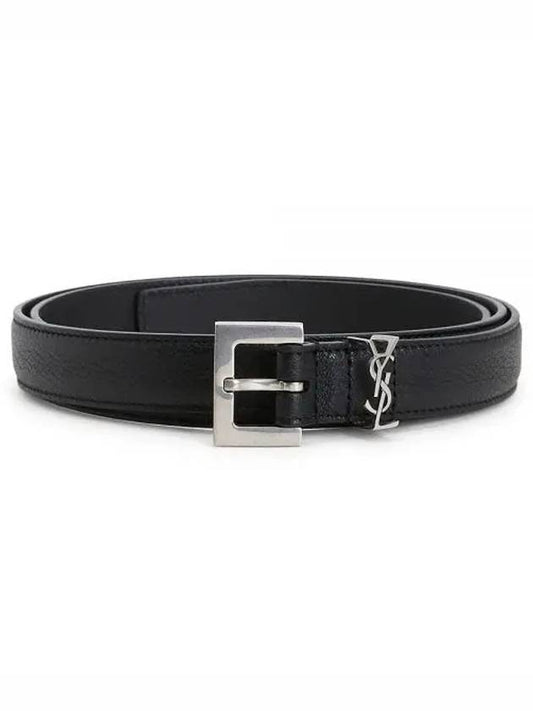 Men's Monogram Silver Buckle Leather Belt Black - SAINT LAURENT - BALAAN 2