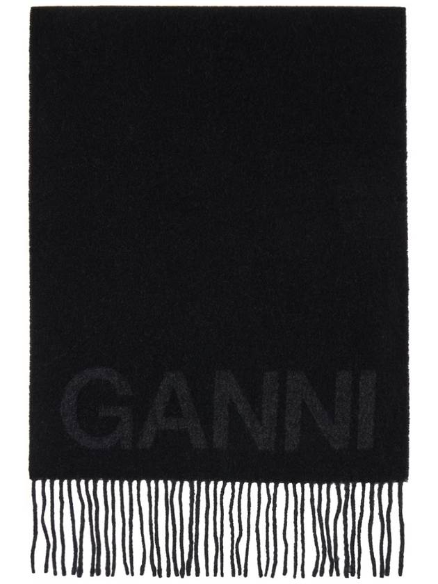 Women Jacquard Logo Fringe Shawl Scarf Muffler Black - GANNI - BALAAN 1