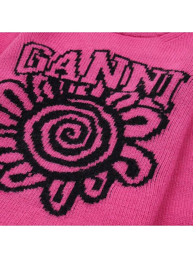 Pink Flower Graphic O-Neck Knit Top Pink - GANNI - BALAAN 5