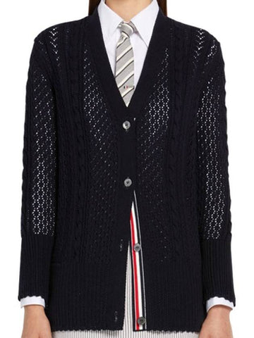 Pointelle Cable Knit V Neck Cardigan Navy - THOM BROWNE - BALAAN 1