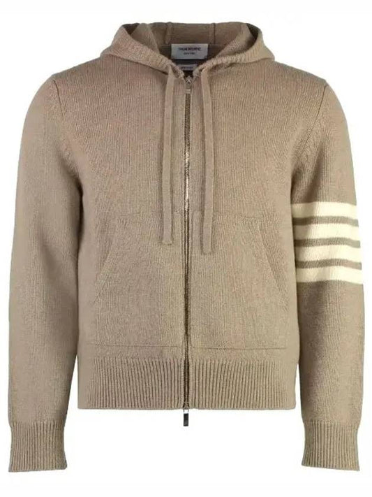 Men's Intarsia 4 Bar Merino Jersey Hooded Zip Up Medium Brown - THOM BROWNE - BALAAN 2