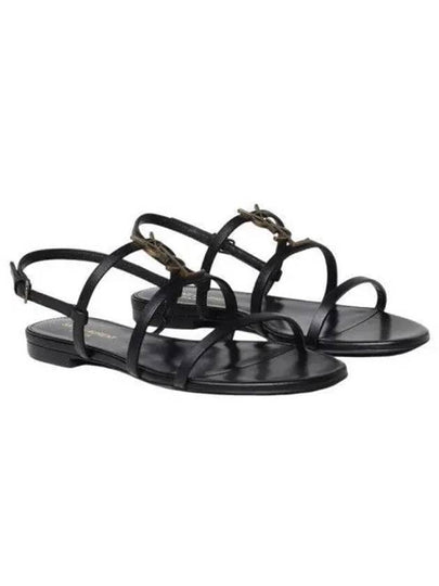 Women's Smooth Leather Gold Tone Monogram Detail Cassandra Flat Sandals Black - SAINT LAURENT - BALAAN 2