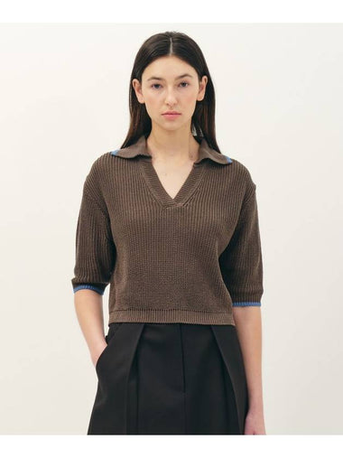 V-Neck Collar Cotton Knit Top Brown - JUN BY JUN K - BALAAN 1