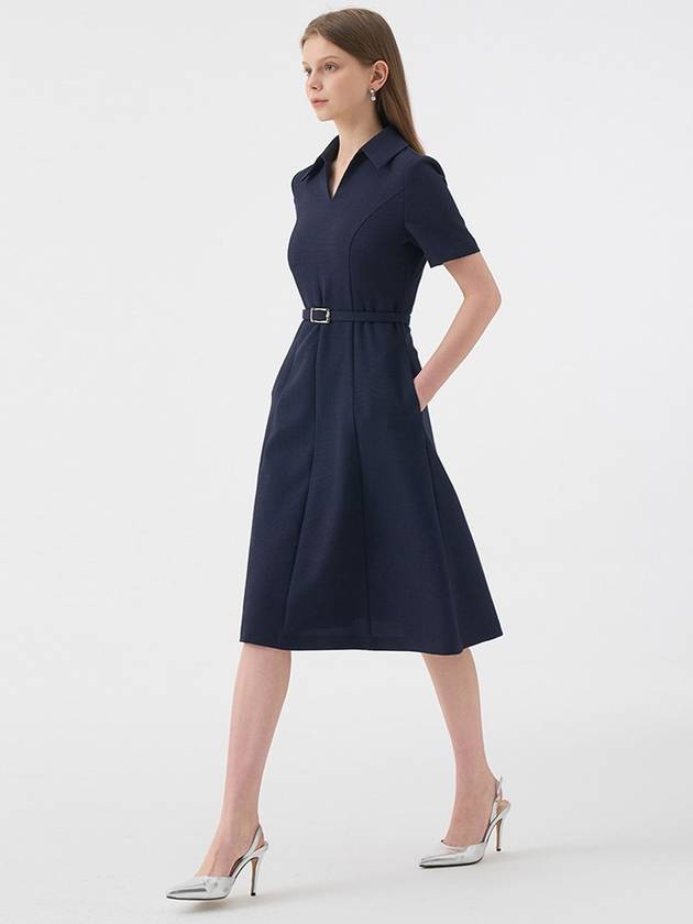 Women's Colia Open Collar Belted Midi Dress Navy - AME - BALAAN 3