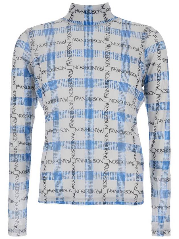 Light Blue Turtleneck T-Shirt With All-Over Check Motif And All-Over Logo Print In Tech Fabric Stretch Man - JW ANDERSON - BALAAN 1