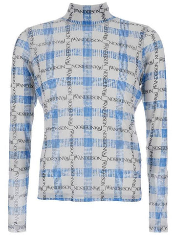 Light Blue Turtleneck T-Shirt With All-Over Check Motif And All-Over Logo Print In Tech Fabric Stretch Man - JW ANDERSON - BALAAN 1