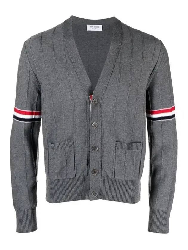 RWB V-neck Striped Virgin Wool Cardigan Grey - THOM BROWNE - BALAAN 3