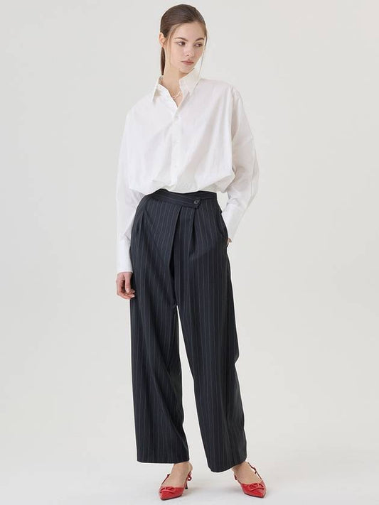 Women's High Waist Diagonal Pin Tuck Striped Wide Pants Black - RS9SEOUL - BALAAN 2