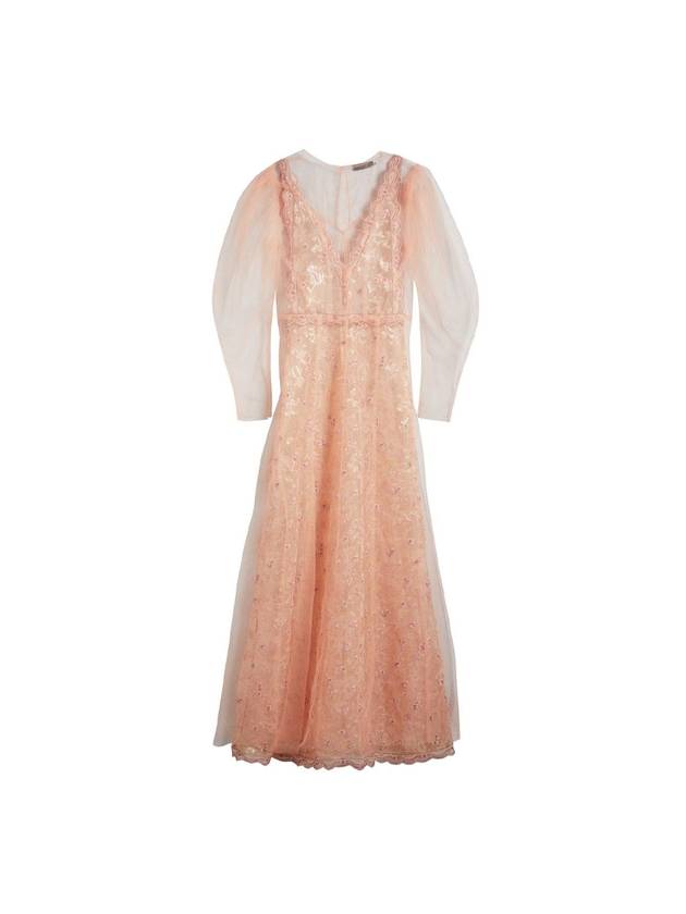 Women's Floral Embroidery Puff Long Dress Dusty Pink - BURBERRY - BALAAN 1