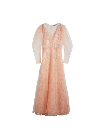 Women's Floral Embroidery Puff Long Dress Dusty Pink - BURBERRY - BALAAN 1