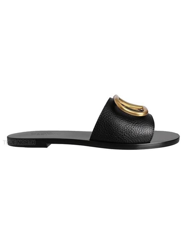 V Logo Signature Grainy Calfskin Slippers Sandals Black - VALENTINO - BALAAN 1