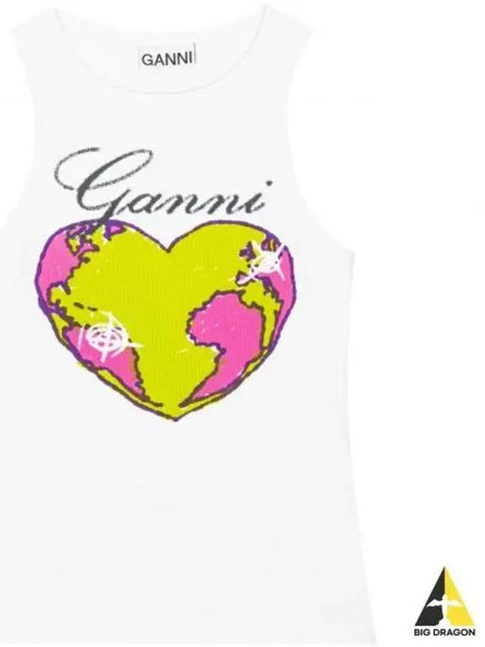 Graphic Rib Heart Tank Cotton Sleeveless White - GANNI - BALAAN 2