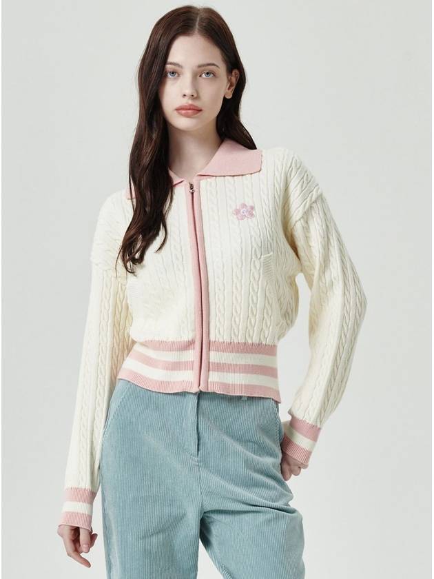 Mouse flower cable knit zip-up ivory - GOXO - BALAAN 1