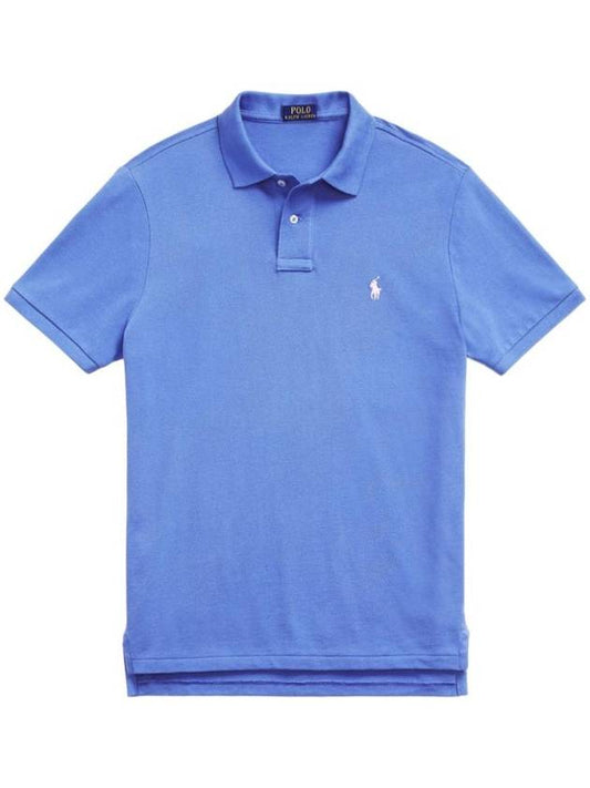 Embroidered White Pony Slim Fit Polo Shirt Blue - POLO RALPH LAUREN - BALAAN 1