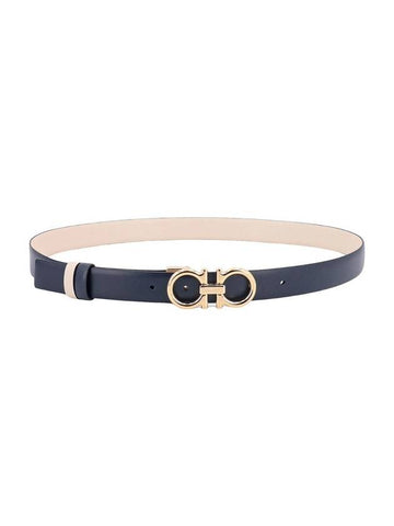 Women's Gancini Buckle Reversible Leather Belt Bone Navy - SALVATORE FERRAGAMO - BALAAN 1