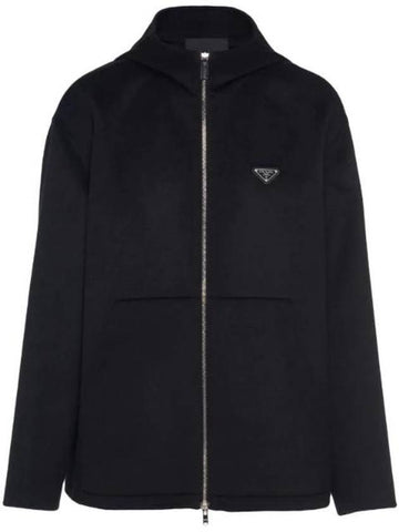 Triangle Logo Cashmere Zip Up Hoodie Black - PRADA - BALAAN 1