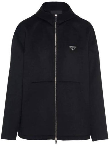 Triangle Logo Cashmere Zip Up Hoodie Black - PRADA - BALAAN 1