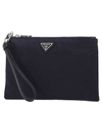 Saffiano Leather Strap Nylon Clutch Bag Navy - PRADA - BALAAN 1