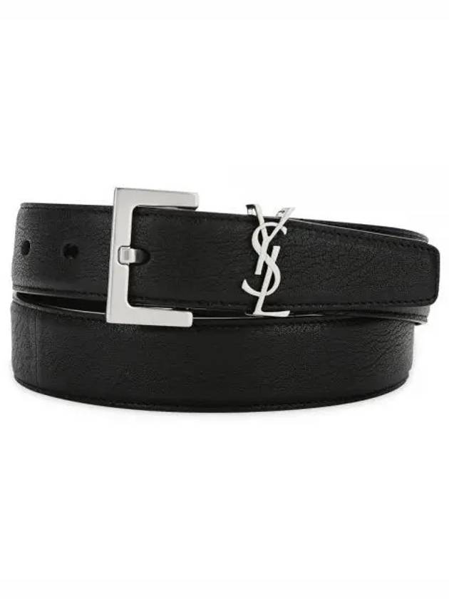 Silver Hardware Monogram Buckle Leather Belt Black - SAINT LAURENT - BALAAN 2