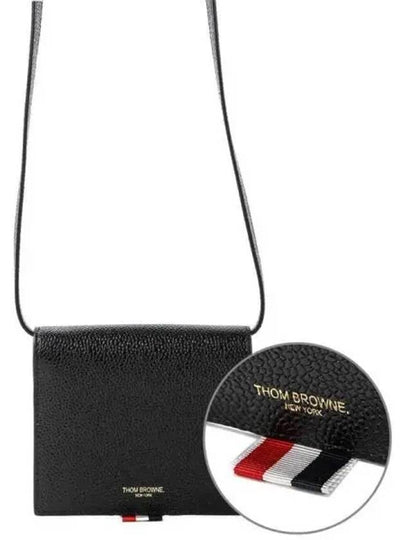 Pebble Calfskin Leather Card Holder With Strap Black - THOM BROWNE - BALAAN 2