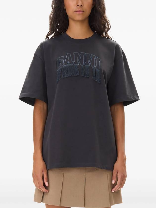 Heavy Cotton Drop Shoulder Fringed Short Sleeve T-Shirt Black - GANNI - BALAAN 6