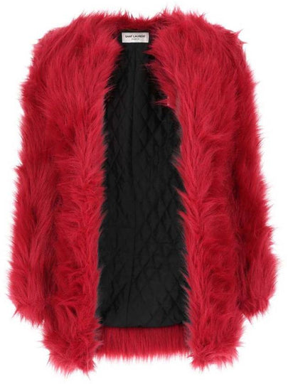 Shoulder pad fake fur coat red - SAINT LAURENT - BALAAN 2