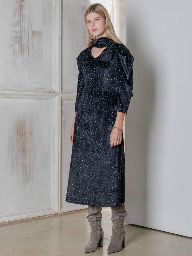 e Women's Snow Dot Muffler Attached Puff Sleeve Velvet Midi Dress Black - PRETONE - BALAAN 3
