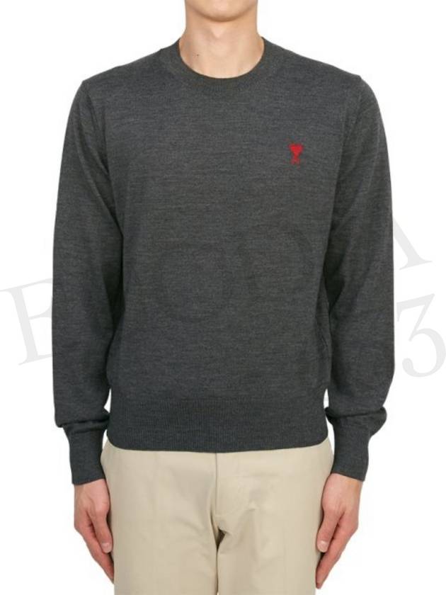 Heart Embroidered Logo Crew Neck Knit Top Heather Grey - AMI - BALAAN 6