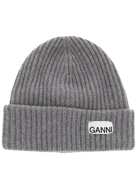 Logo Patch Knit Beanie Grey - GANNI - BALAAN 2