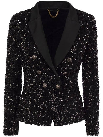 Double-breasted jacket in chenille embroidered with sequins - ELISABETTA FRANCHI - BALAAN 1