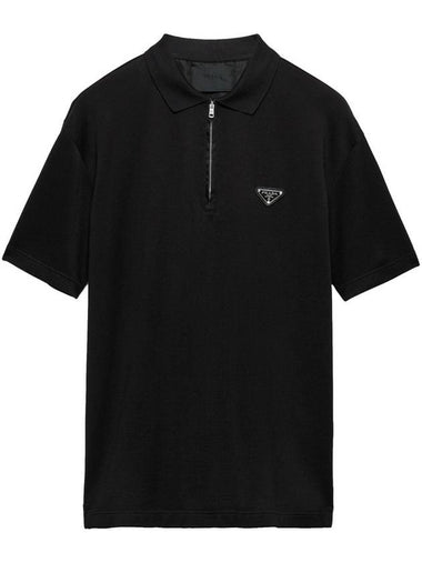 Pique Re-Nylon Details Polo Shirt Black - PRADA - BALAAN 1