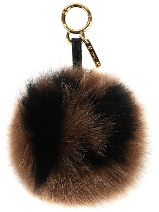 Pom Pom Fur Leather Key Holder Brown - FENDI - BALAAN 2