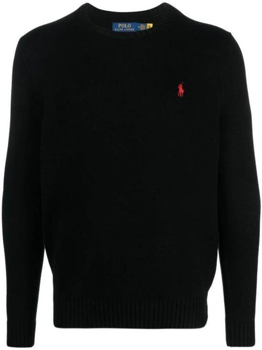 Embroidered Pony Logo Crew Neck Cotton Knit Top Black - POLO RALPH LAUREN - BALAAN 1