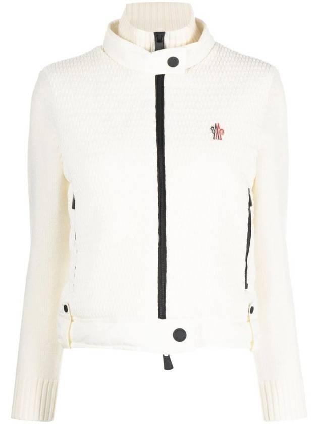 Logo Applique Panel Virgin Wool  Zip-Up Cardigan White - MONCLER - BALAAN 1