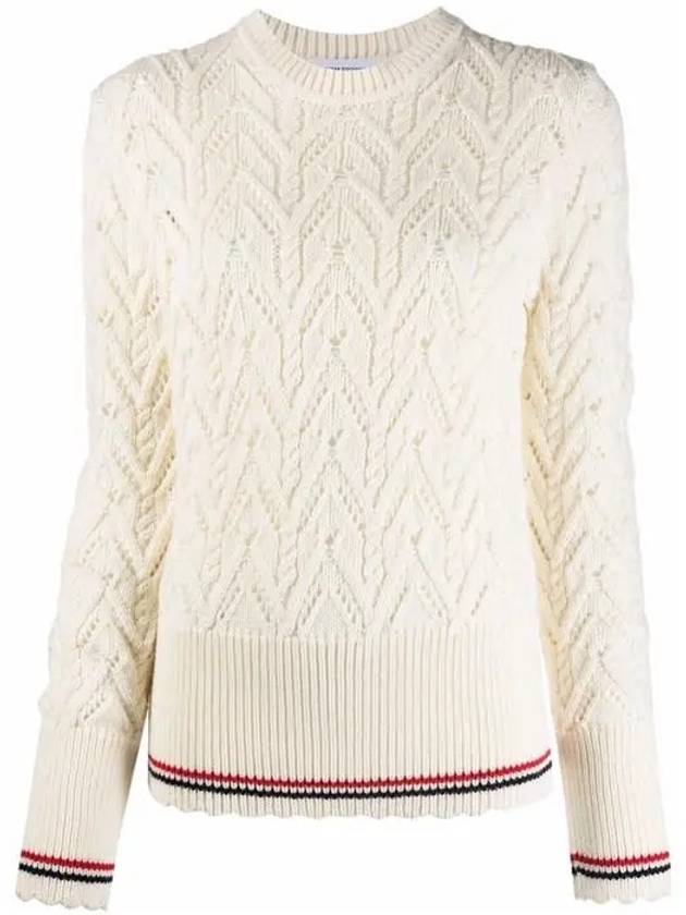 Women's Pointel Cable Merino Wool Pullover Knit Top White - THOM BROWNE - BALAAN 2