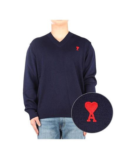 Heart Logo V-Neck Knit Top Navy - AMI - BALAAN 2