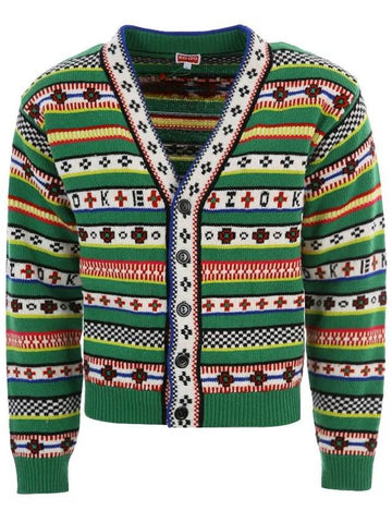 22FW 5CA317 3CH 57 FAIRISLE Jacquard Vneck green cardigan - KENZO - BALAAN 1